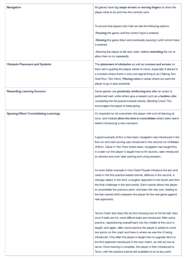 Competitor research table comparing onboarding techniques for navigation cues, obstacle placement, reward feedback and pacing across other runner games.