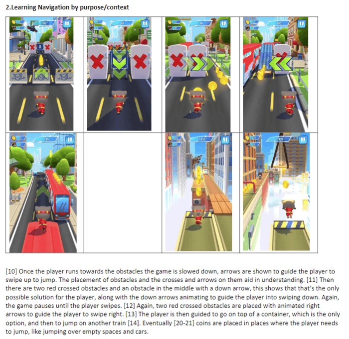 Screenshots from a competitor endless runner showing arrows and crosses that guide the player through a sequence of swipe obstacles.