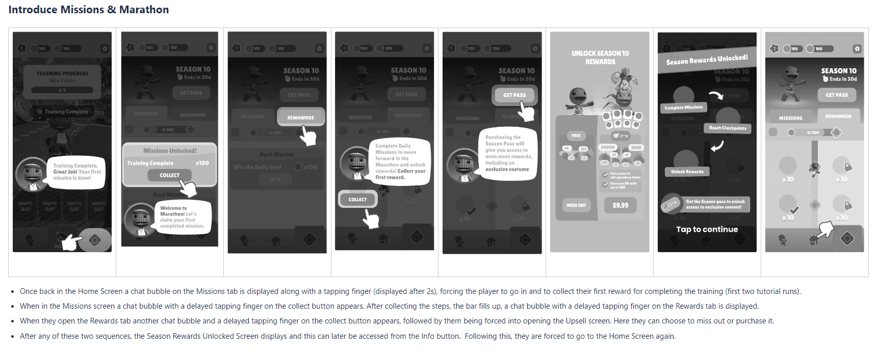 Wireframe sequence of the Missions and Marathon screens, showing the reward collection flow and season pass upsell popup.