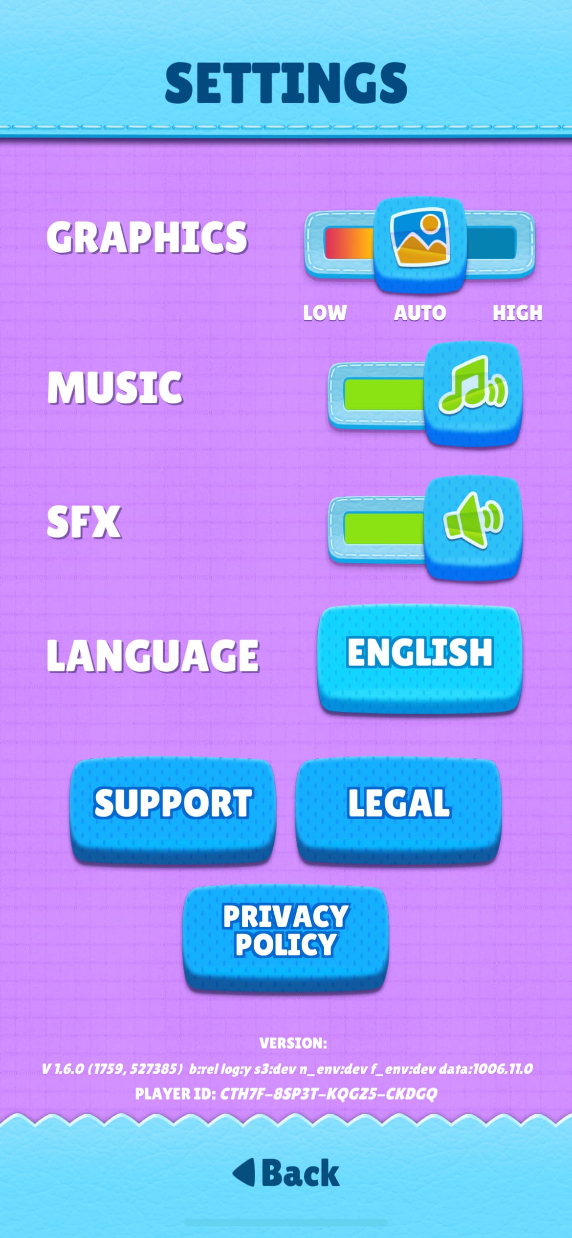 The original Ultimate Sackboy Settings menu with Graphics, Music and SFX toggles, a Language button and Support, Legal and Privacy Policy buttons.