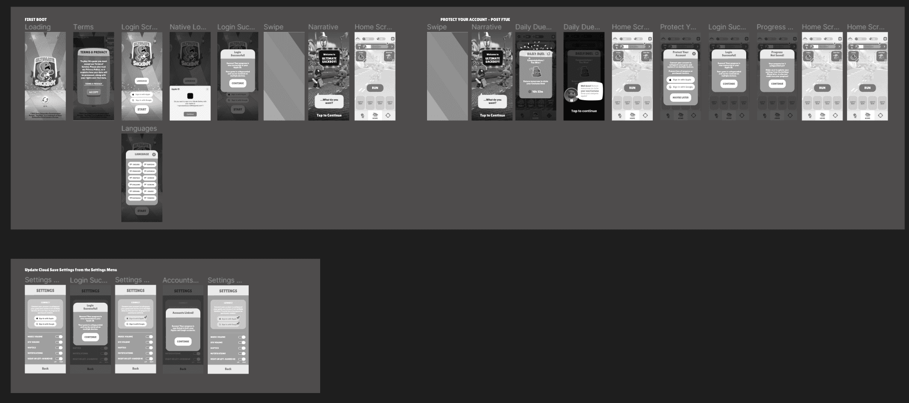 Wireframe screens for the first boot sign-in flow, the post-FTUE protect your account flow and updating cloud save settings from the settings menu.