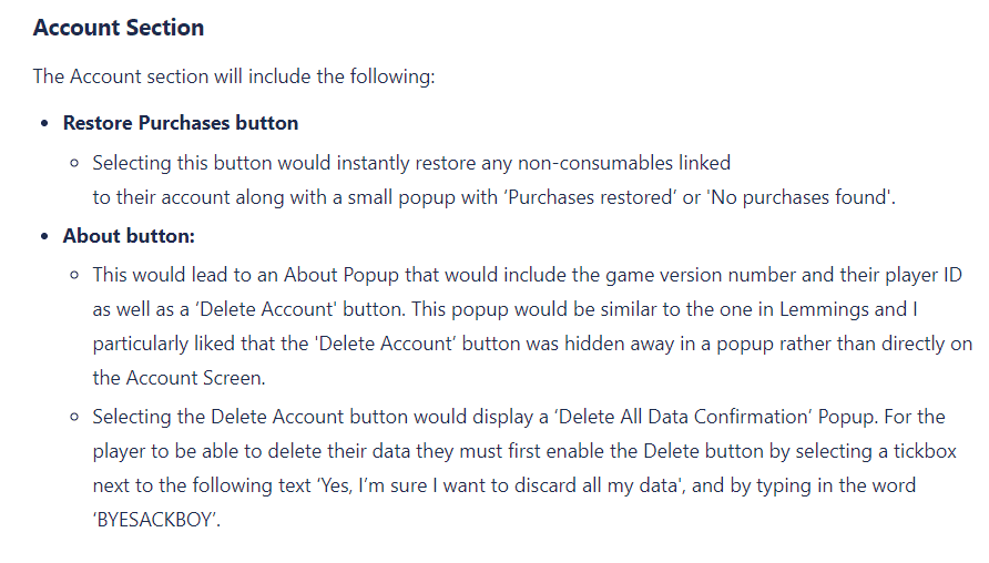 Design document page describing the Account section, covering the Restore Purchases button and the About popup's delete account flow.