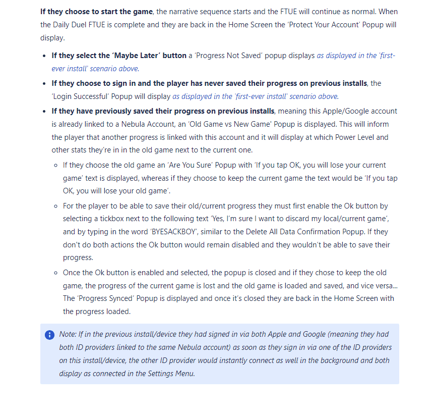 Design document page describing the Old Game vs New Game popup, covering how players choose which save to keep and how progress syncs afterwards.