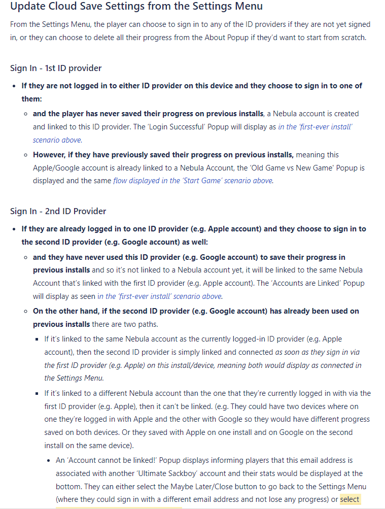 Design document page describing how players sign in to a first or second ID provider from the Settings menu and how accounts get linked.