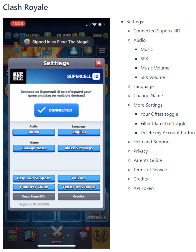 Clash Royale's Settings popup, showing Supercell ID connection, audio and language options, and the change name and more settings buttons.