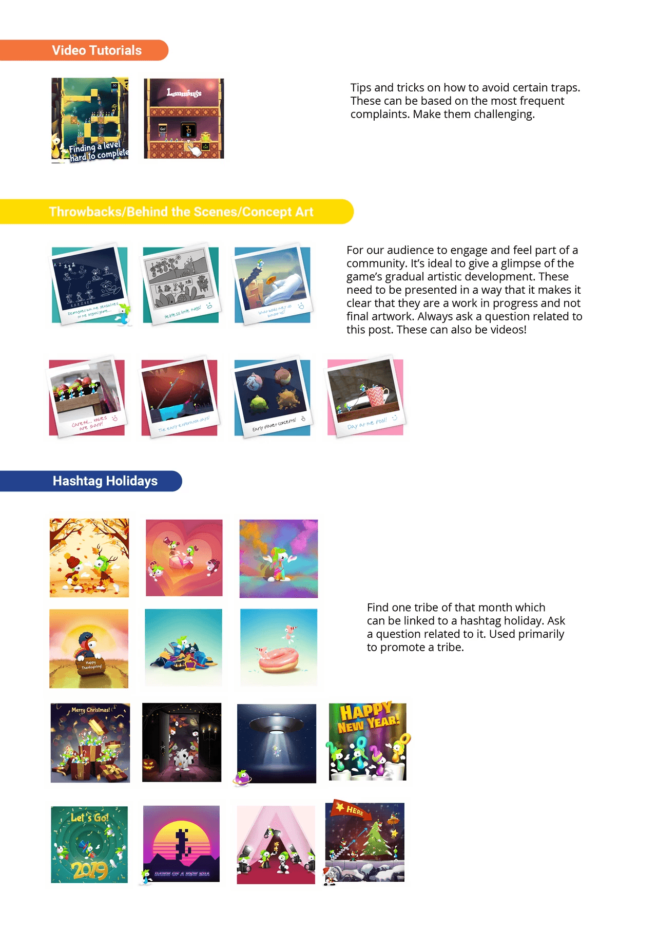 Content Guidelines document page with example posts for the Video Tutorials, Throwbacks/Behind the Scenes and Hashtag Holidays content categories.