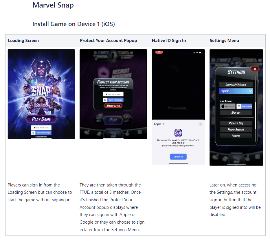 Marvel Snap's install and sign-in flow, showing the loading screen, protect your account popup, native Apple ID sign-in and the settings menu link account option.