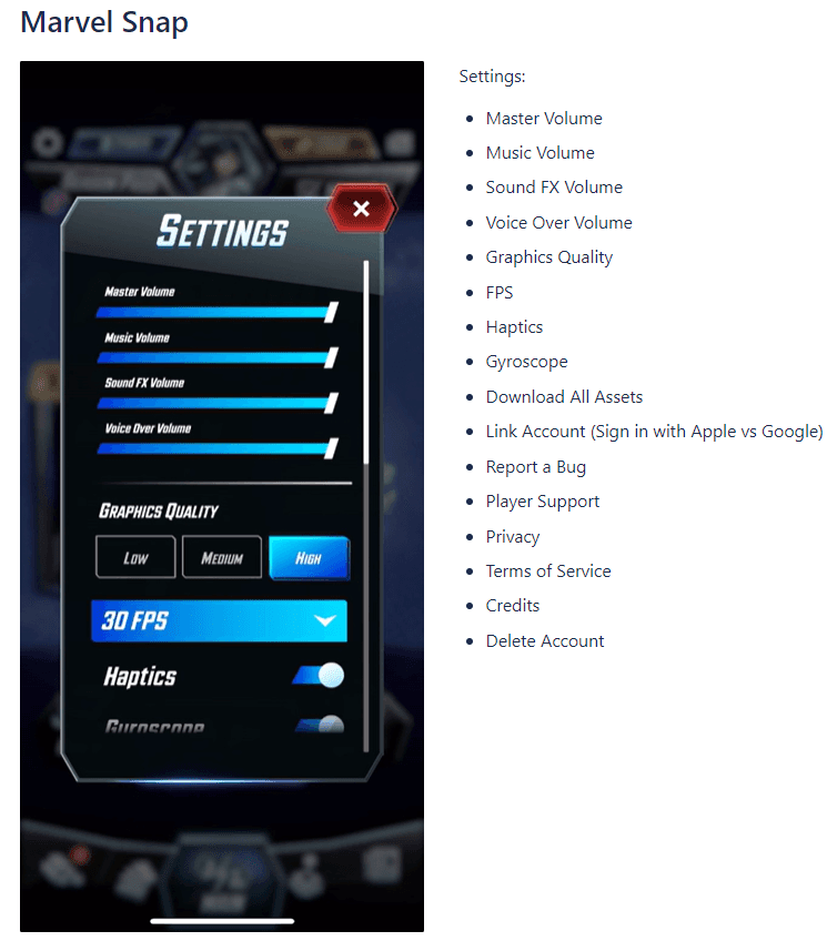 Marvel Snap's Settings screen, showing volume sliders, graphics quality options, FPS, haptics and gyroscope toggles.