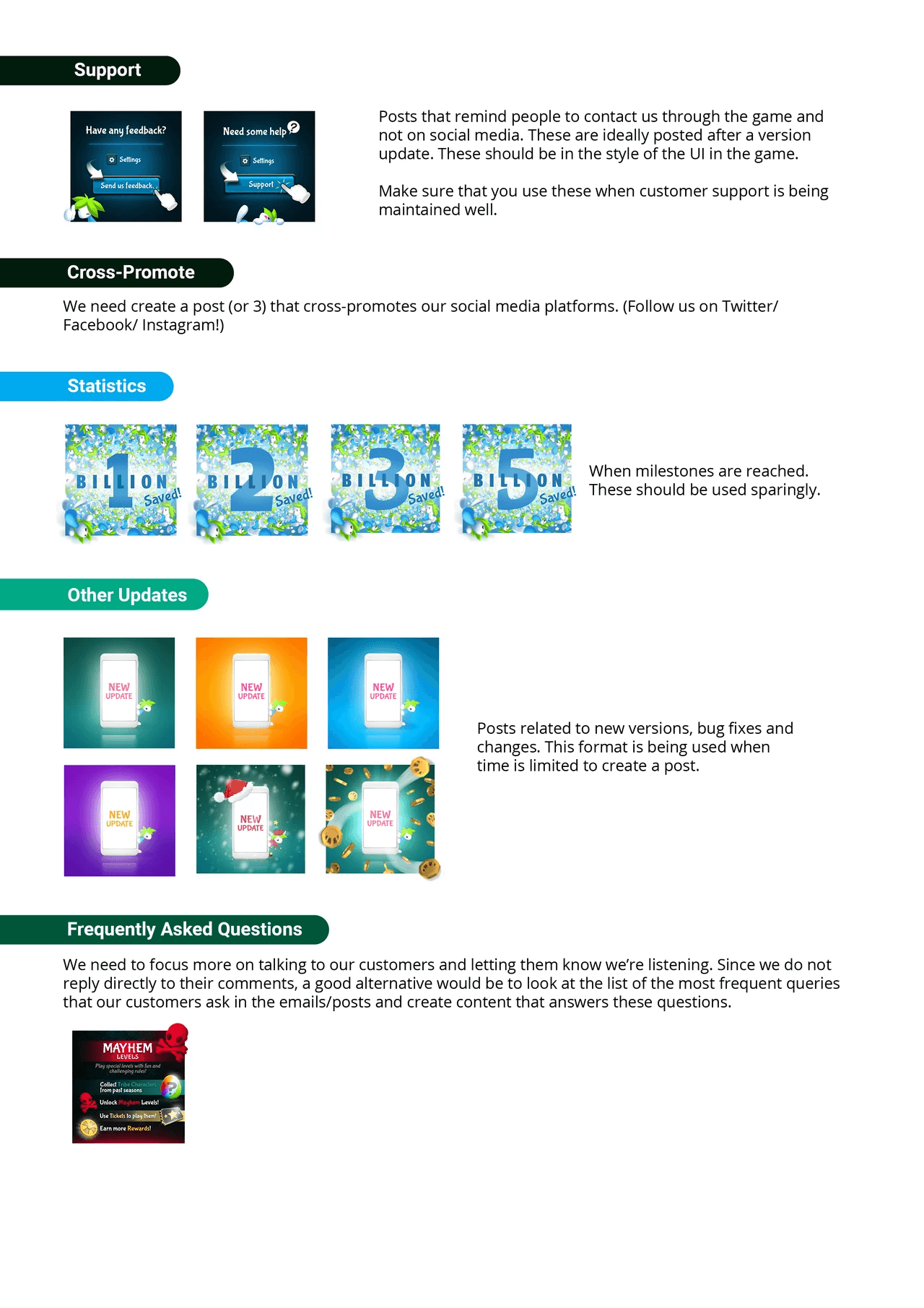 Content Guidelines document page with example posts for the Support, Cross-Promote, Statistics, Other Updates and Frequently Asked Questions content categories.