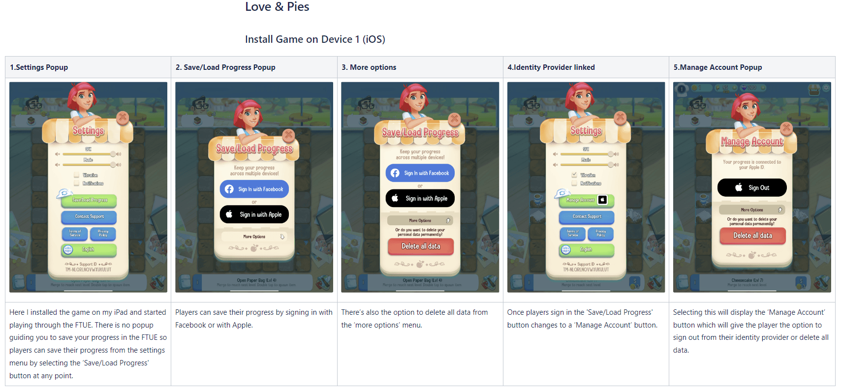 Love and Pies' save and load progress flow, showing the settings popup, the sign-in options, the delete data option and the manage account popup.