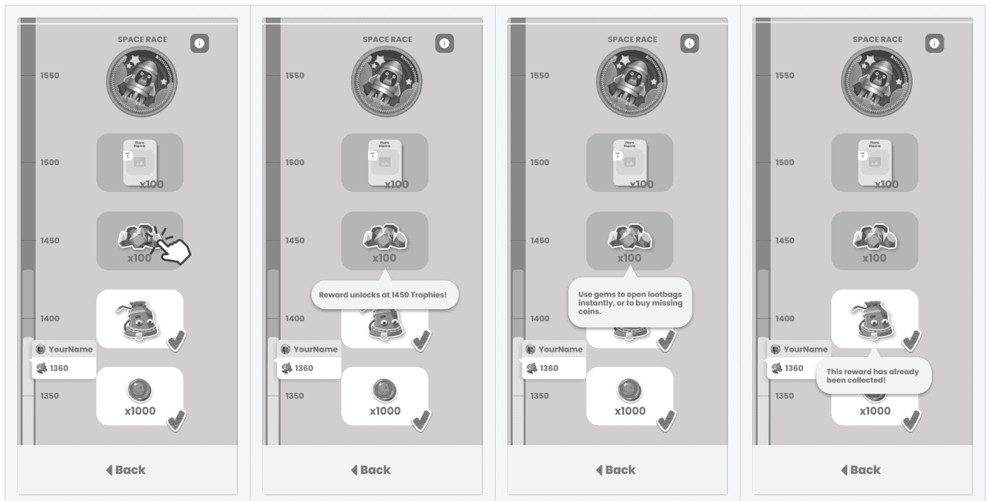 Wireframes of the tier reward screen showing a locked reward tooltip, an unlockable reward and an already-collected reward.