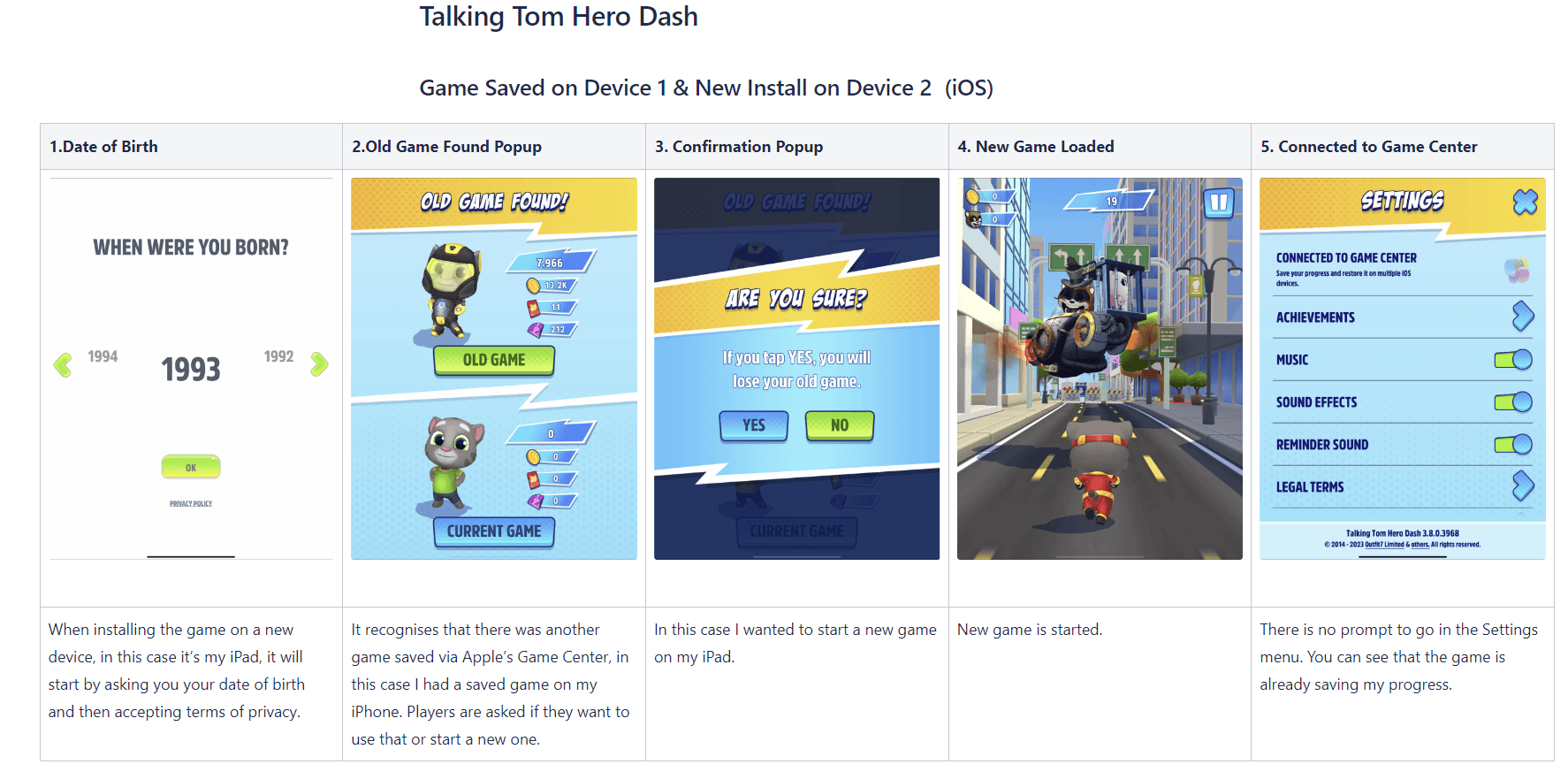 Talking Tom Hero Dash's new device flow, showing an old game found popup, a confirmation popup and the settings screen with no prompt to sign in.
