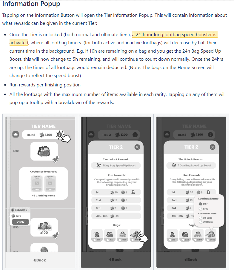 Design document page describing the tier information popup, listing the 24-hour bag speed booster, run rewards by finishing position, and a lootbag contents tooltip.