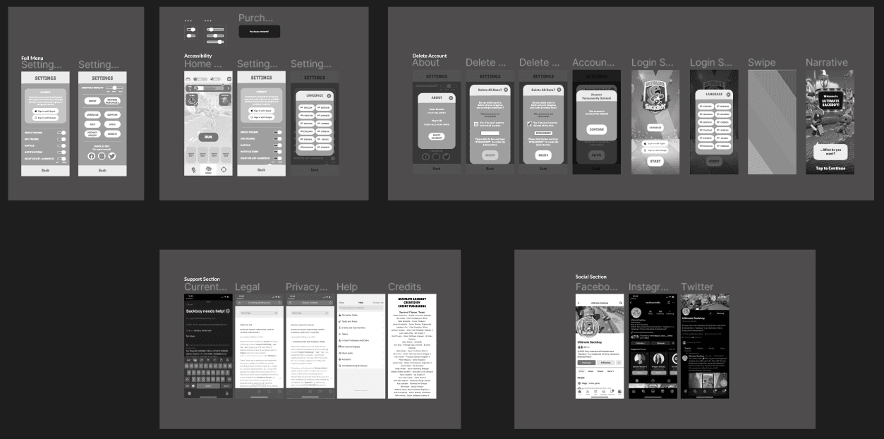 Greyscale wireframe grid covering the full settings menu, accessibility, delete account, support and social flows.