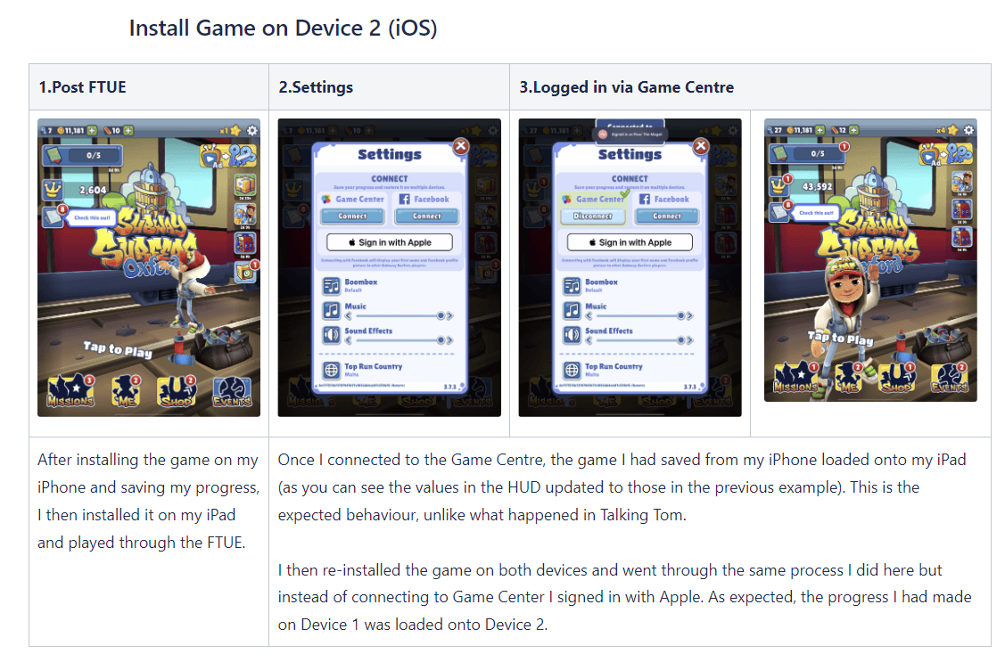 Subway Surfers' second device install flow, showing the post-FTUE home screen, the settings connect options and progress loading in after signing in.