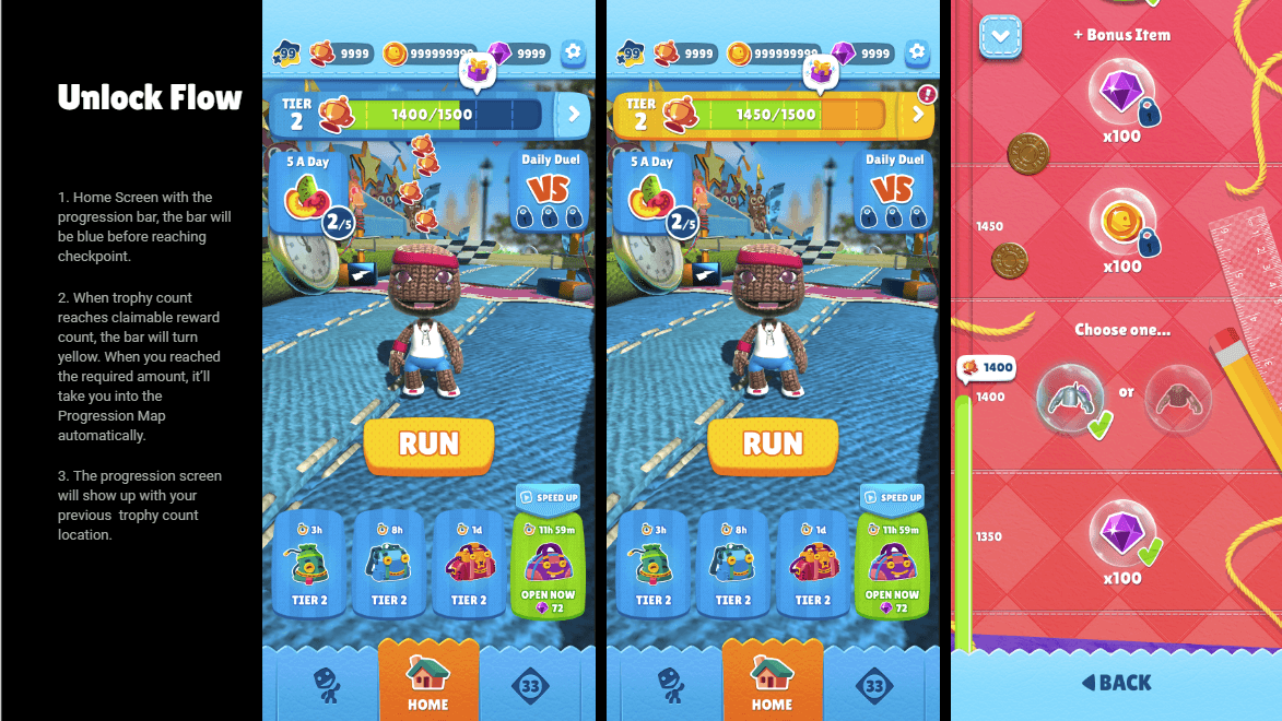 Implemented home screen showing the progression bar filling toward a tier reward, next to the tier map with unlockable lootbags.