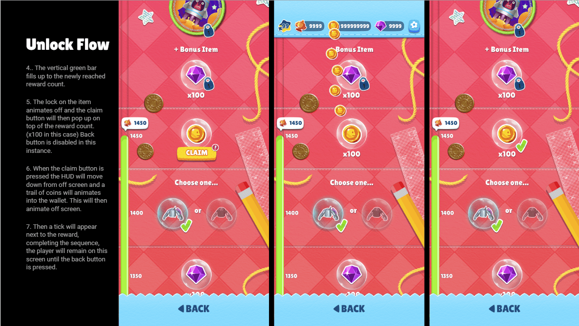 Implemented tier reward screen showing the claim button appearing, the reward animating into the wallet, and the collected tick mark.