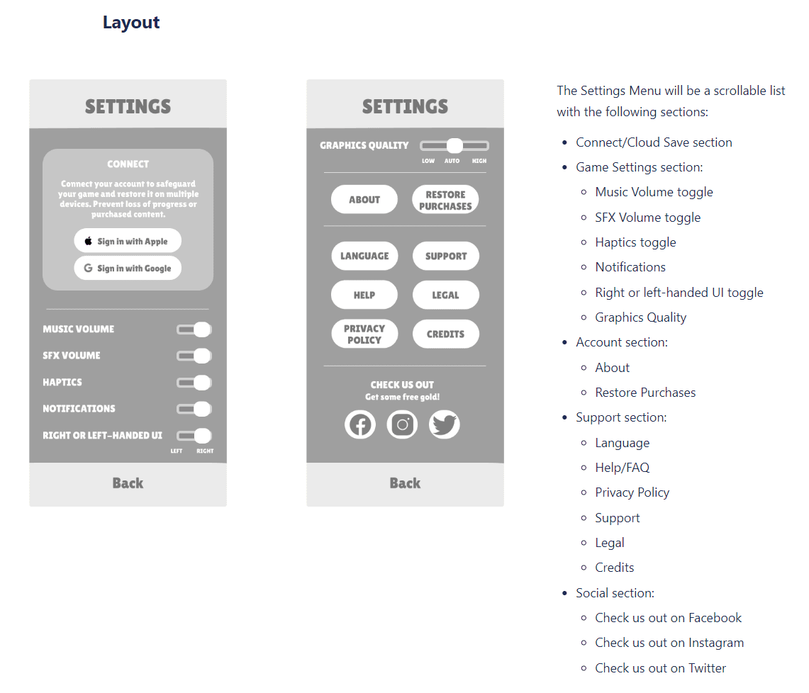 Design document page describing the Settings Menu layout, listing the Connect/Cloud Save, game settings, account, support and social sections.