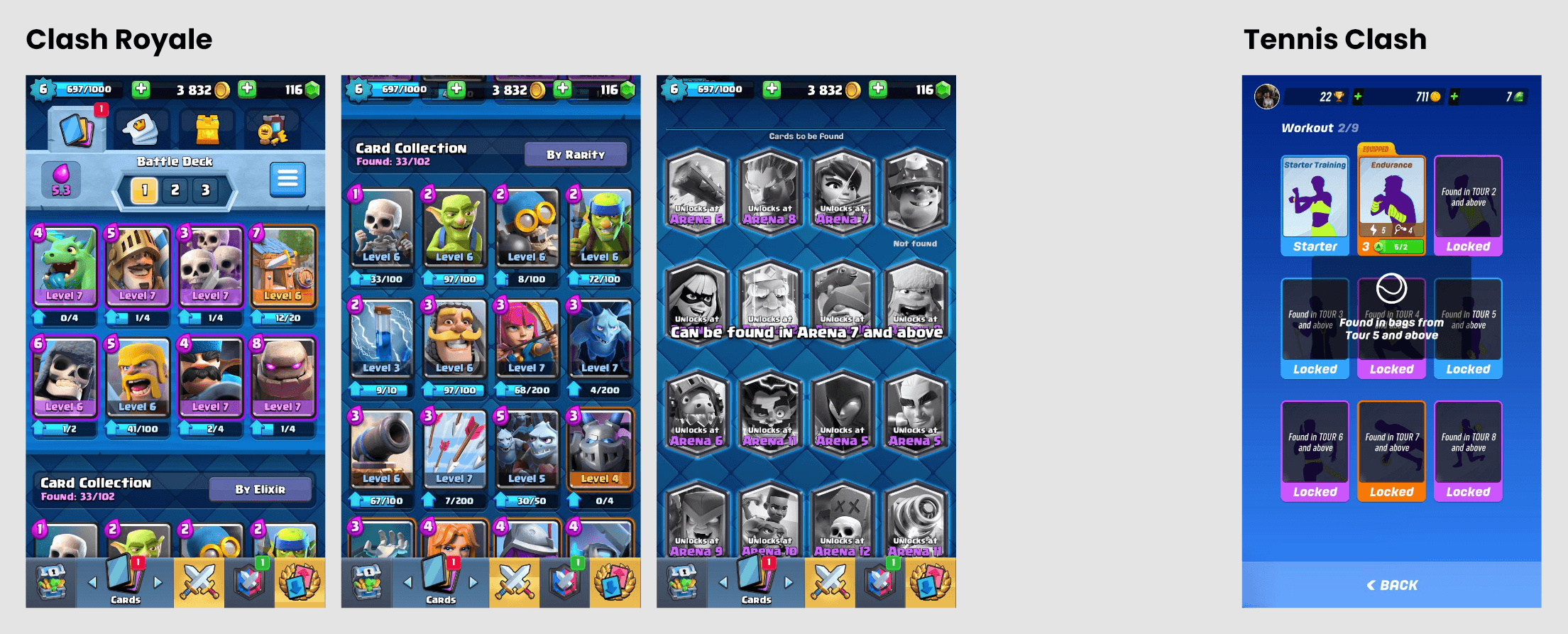 Competitor research screenshots from Clash Royale and Tennis Clash showing their card collection screens with owned, upgradable and locked cards grouped by rarity and unlock tier.