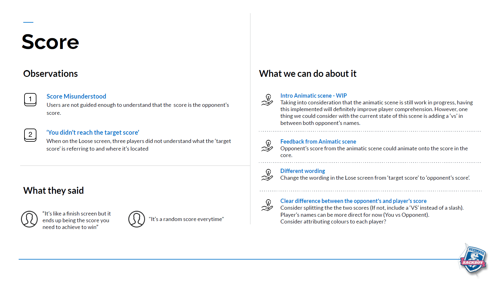 Report slide summarising score comprehension observations and proposed fixes, including animating the intro scene and changing the lose screen wording.