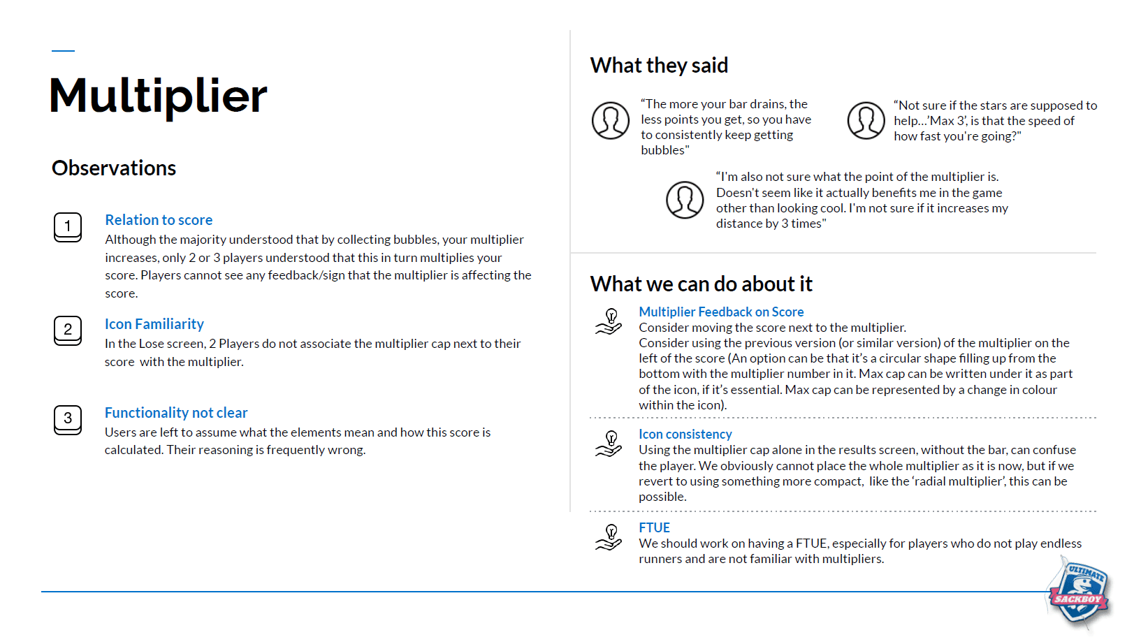 Report slide summarising multiplier comprehension observations and proposed fixes, including moving the score next to the multiplier icon.