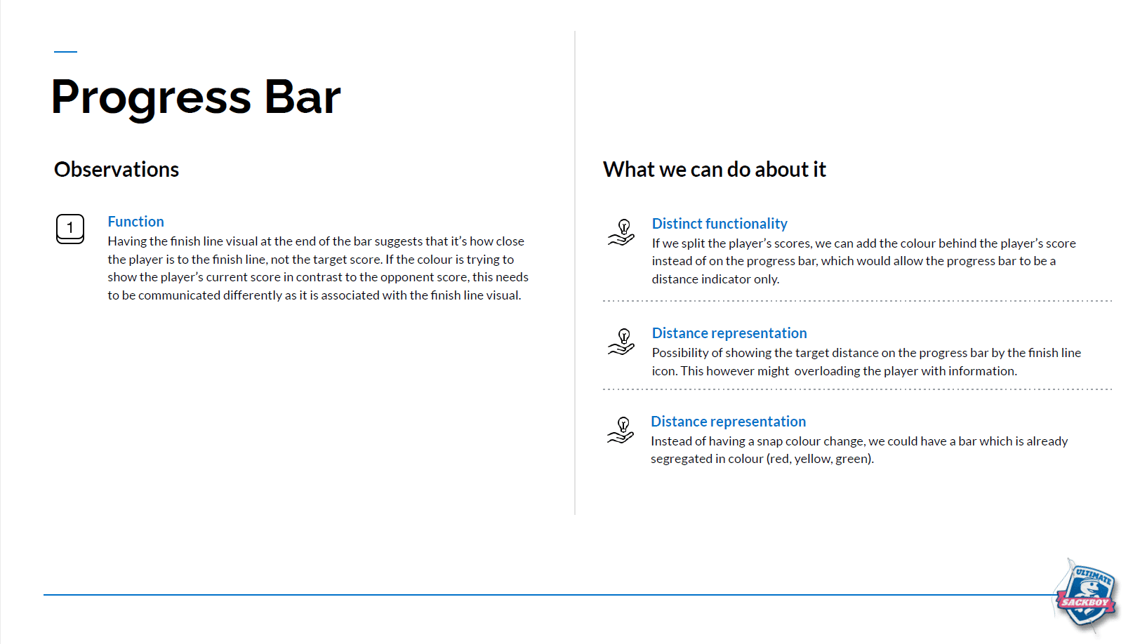 Report slide summarising progress bar observations and proposed fixes, including separating the distance indicator from the score comparison.