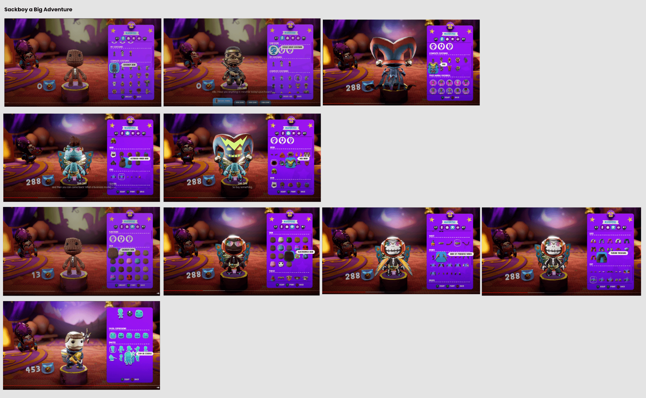 Competitor research screenshots from Sackboy: A Big Adventure showing its in-game wardrobe with costume slots and category tabs for hair, eyes, skin, waist, legs and props.