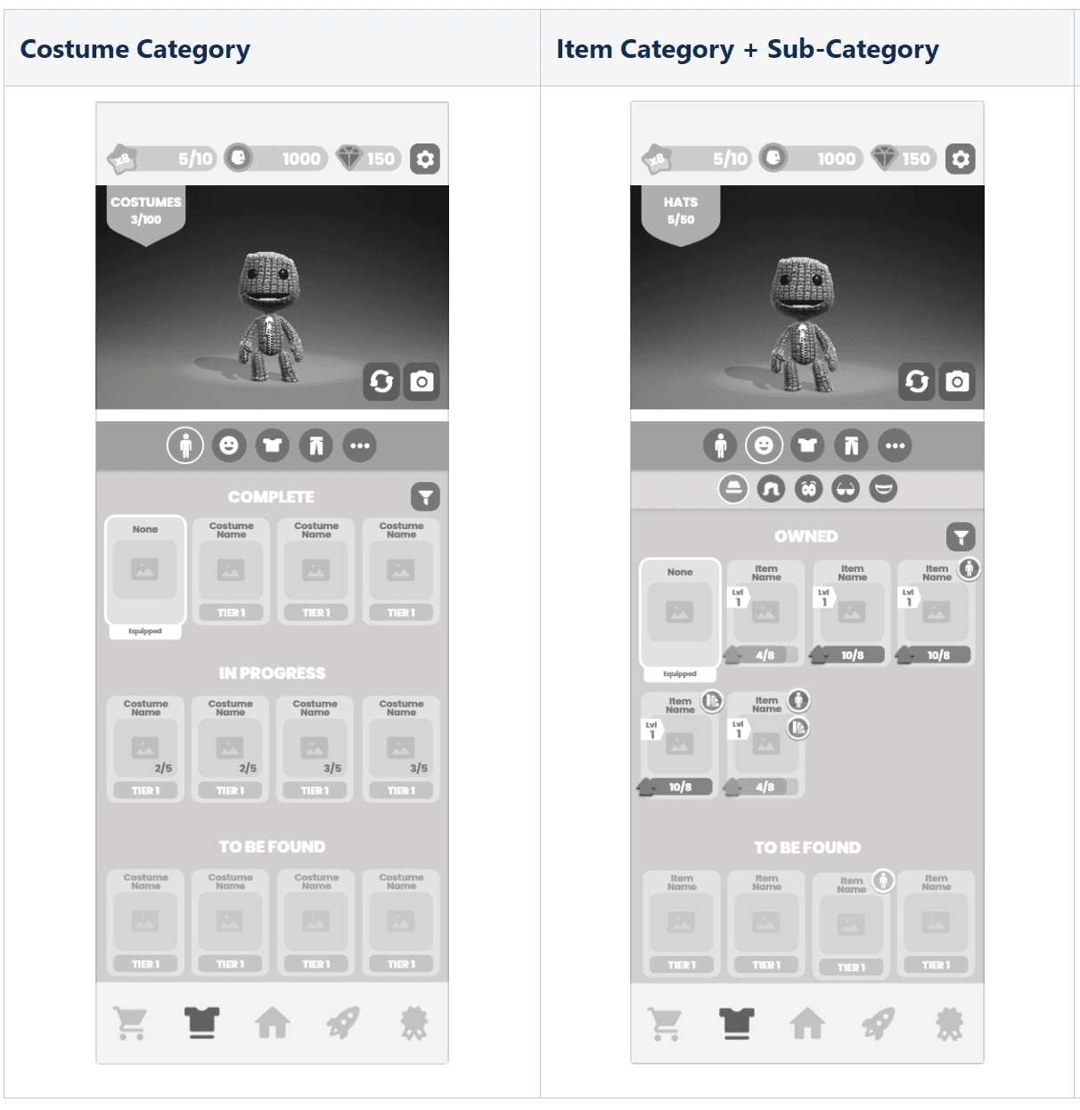 Wireframes comparing the Costume Category screen, showing complete, in-progress and to-be-found costumes, against an Item Category screen with the same states.