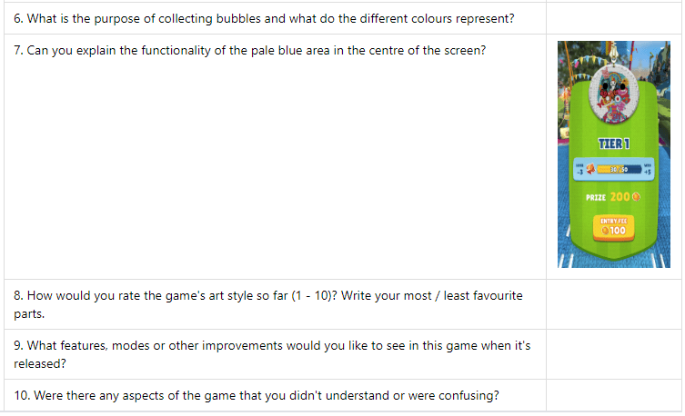 Continuation of the survey question list, covering bubble collection, UI functionality, art style rating and confusing aspects of the game.