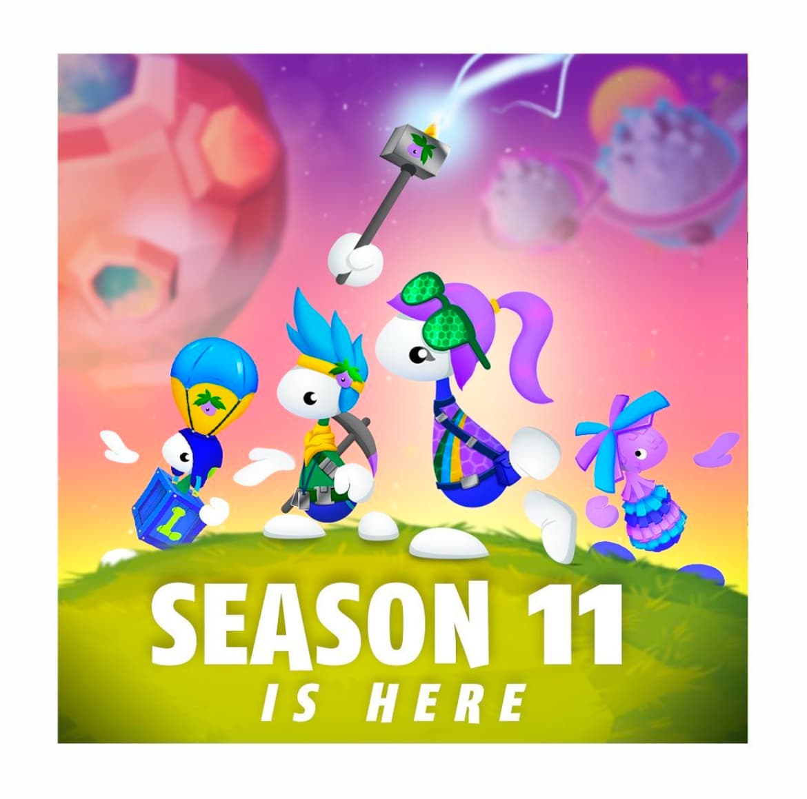Instagram post celebrating the launch of Season 11, showing four Lemmings characters in space-themed outfits against a colourful planet backdrop.