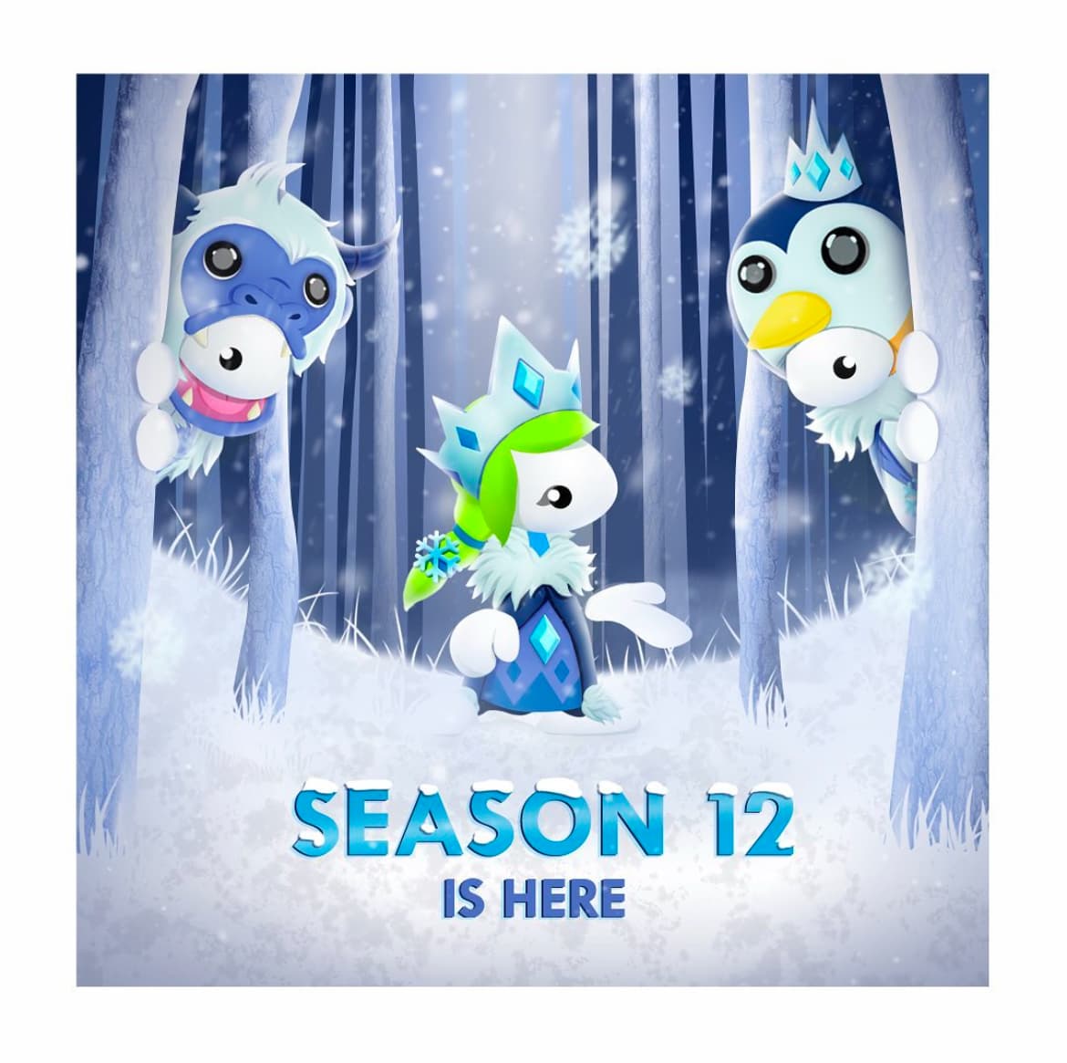 Instagram post celebrating the launch of Season 12, showing three Lemmings characters dressed in winter gear among snowy trees.