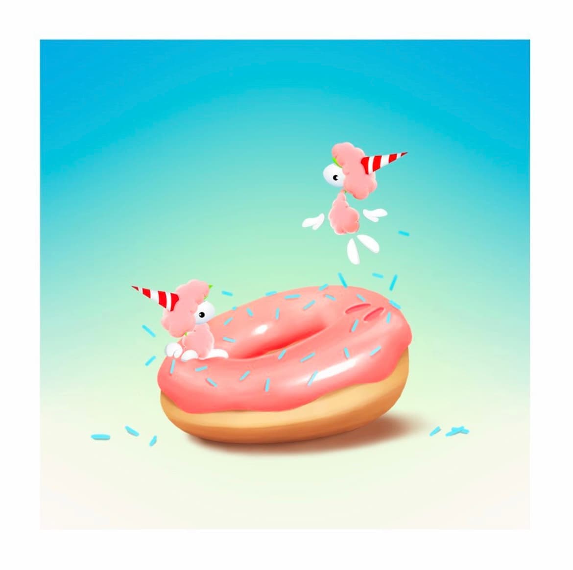 Two Lemmings wearing party hats playing on a giant sprinkle-covered doughnut, used for a celebratory social post.
