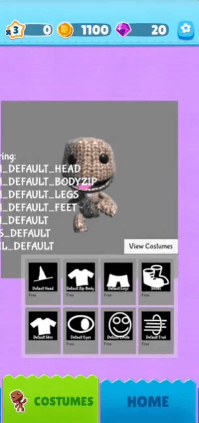 Existing wardrobe screen showing Sackboy in a 3D preview with a row of clothing category icons below him.