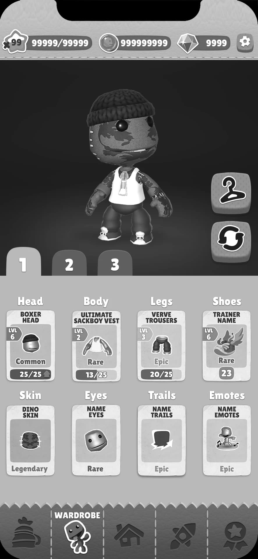 Existing wardrobe screen with three outfit slot tabs and category cards for head, body, legs, shoes, skin, eyes, trails and emotes.