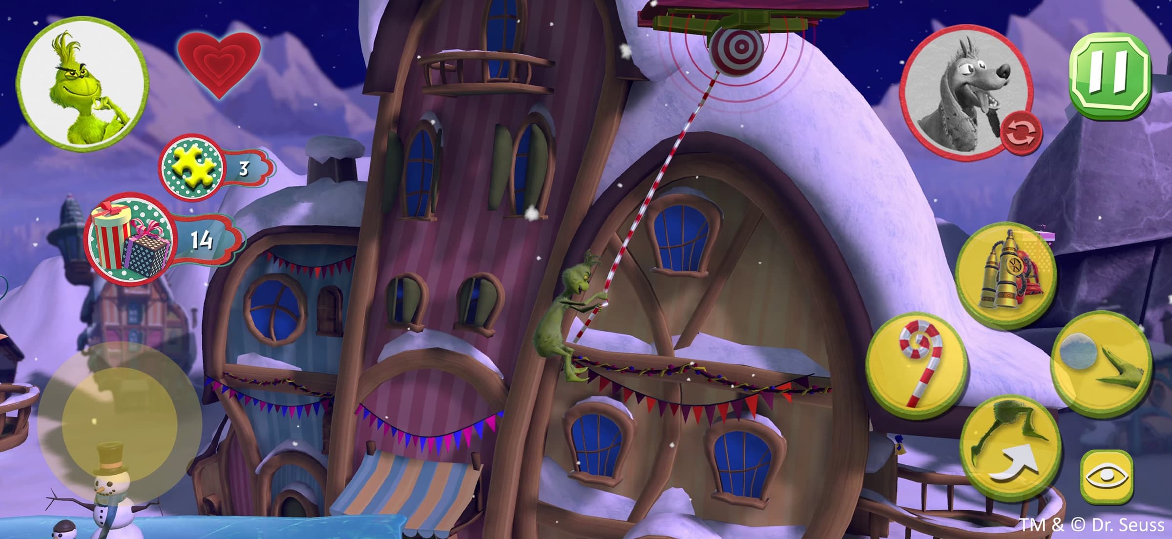 The shipped mobile control layout during a lasso sequence: a virtual stick under the left thumb and the action buttons clustered under the right.