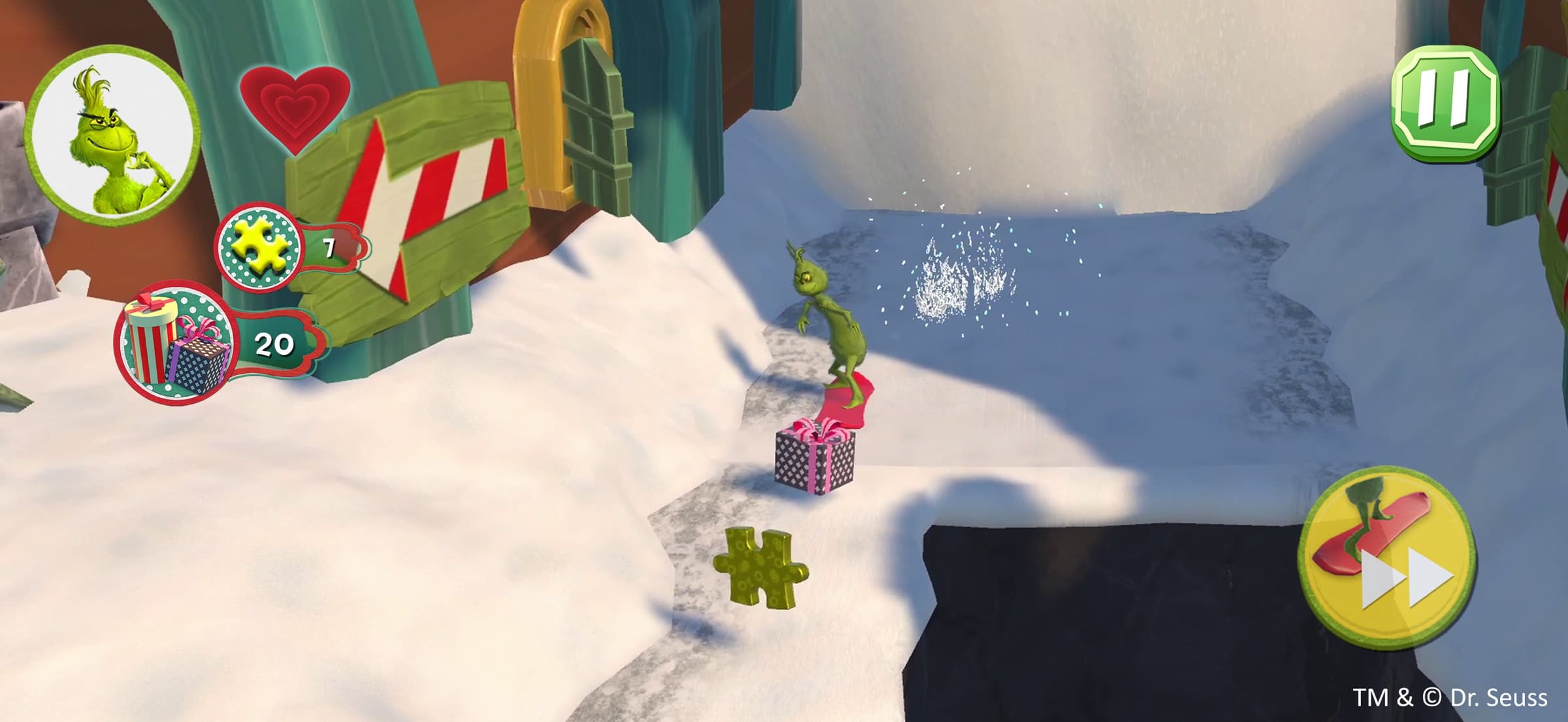 A snowboard section on mobile with the platforming control cluster gone and a single boost button in the corner.