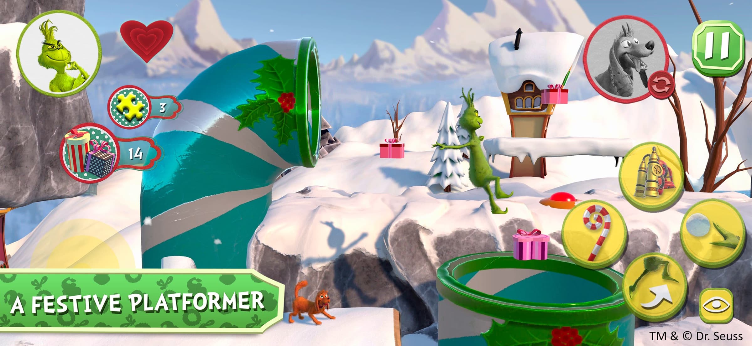 One of the mobile game’s App Store screenshots: the Grinch stands on a snowy ledge among oversized green and white striped pipes and ramps, with mountains behind him. The mobile HUD and its bottom-right button cluster are in place, and a green banner across the lower left reads “A festive platformer”.