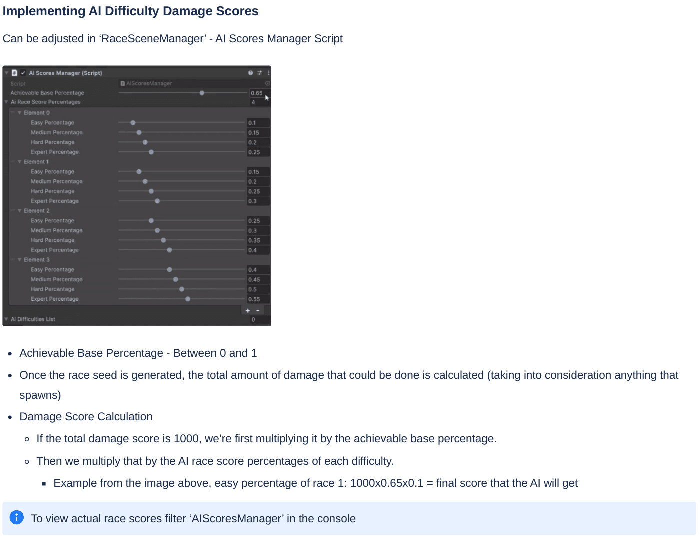 Design document page showing the AI Scores Manager inspector with achievable base percentage and per-race easy, medium, hard and expert percentages, plus the worked damage score calculation.