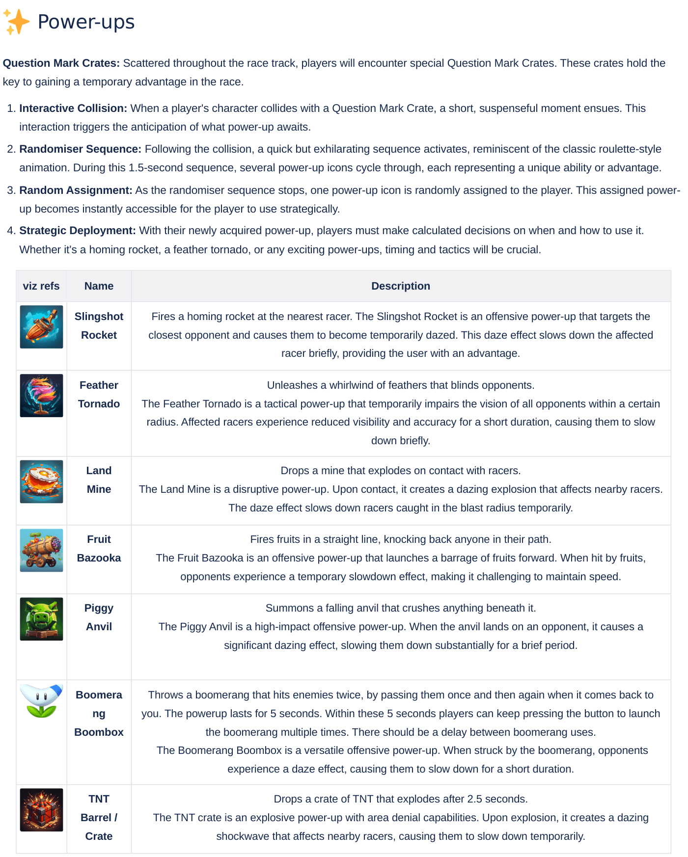 Design document page describing Question Mark Crates and the randomiser sequence, with a table of the seven power-ups, their icons and their effects.