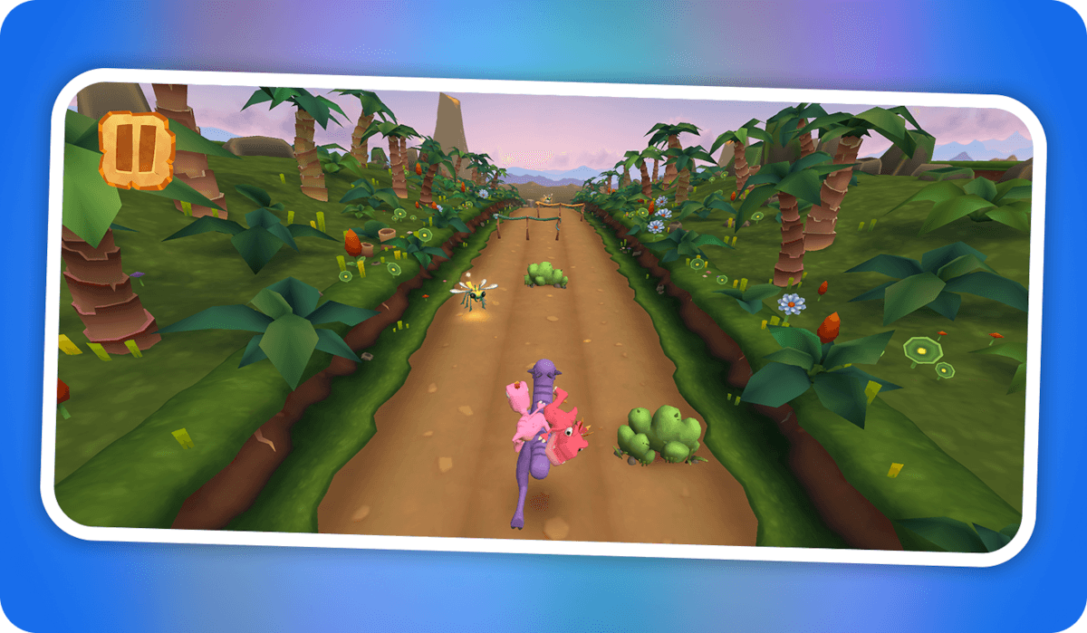The Bad Dinosaurs runner in play: two tiny tyrannosaurs running away from the camera down a dirt track through a prehistoric landscape, with a single large pause button in the top-left corner and no other interface on screen.