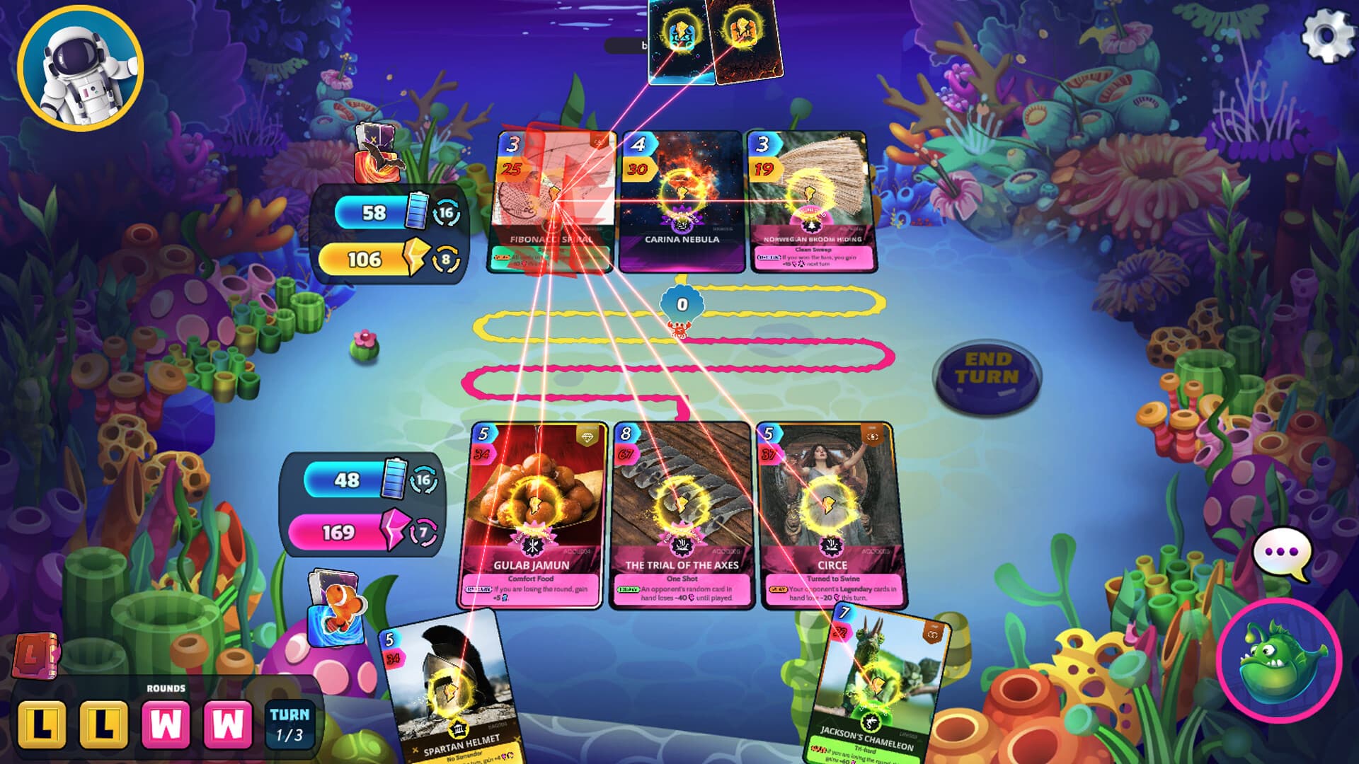 The shipped PC battle screen in a coral-reef arena: both players’ cards laid out across a wide landscape board, resource meters beside each row, the round win-loss history at the bottom left, and the End Turn control on the right.