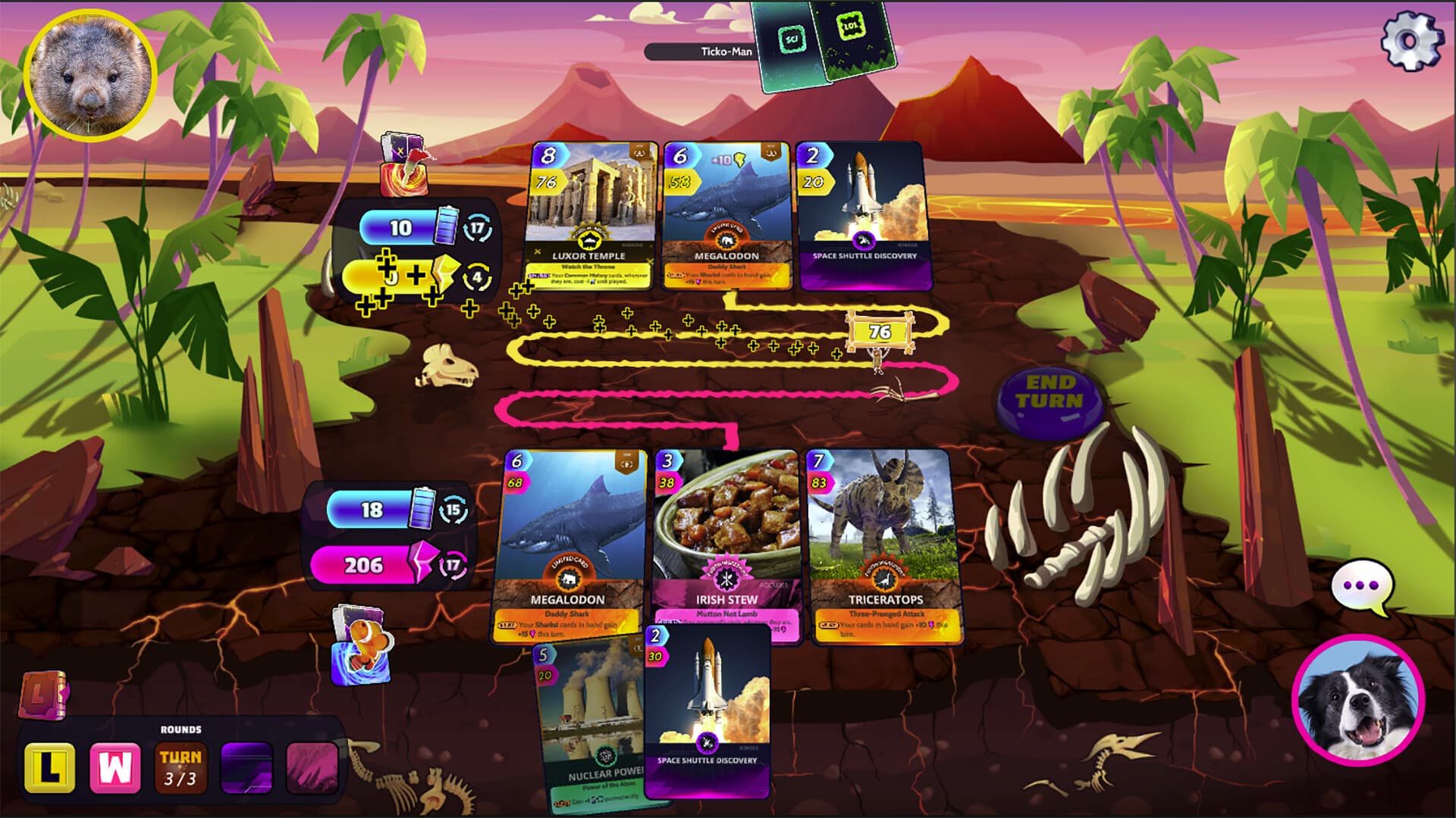 The same landscape battle layout in a volcanic arena, showing how the wide-screen composition holds across the game’s different themed boards.