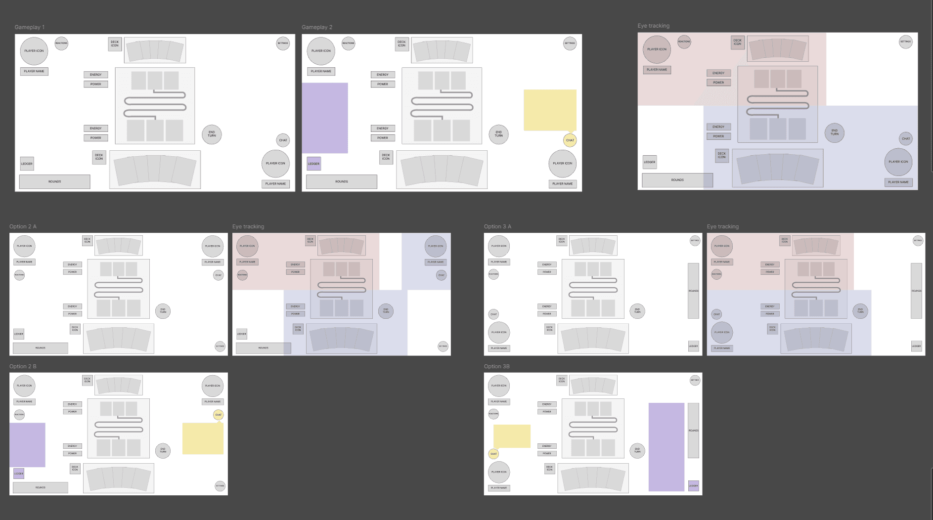 Six greyscale landscape layouts for the battle board, labelled Gameplay 1, Gameplay 2, Option 2 A, Option 2 B, Option 3 A and Option 3B. They vary the positions of the two players’ icons, the deck icons, energy and power meters, the End Turn control, the ledger, chat and round history.